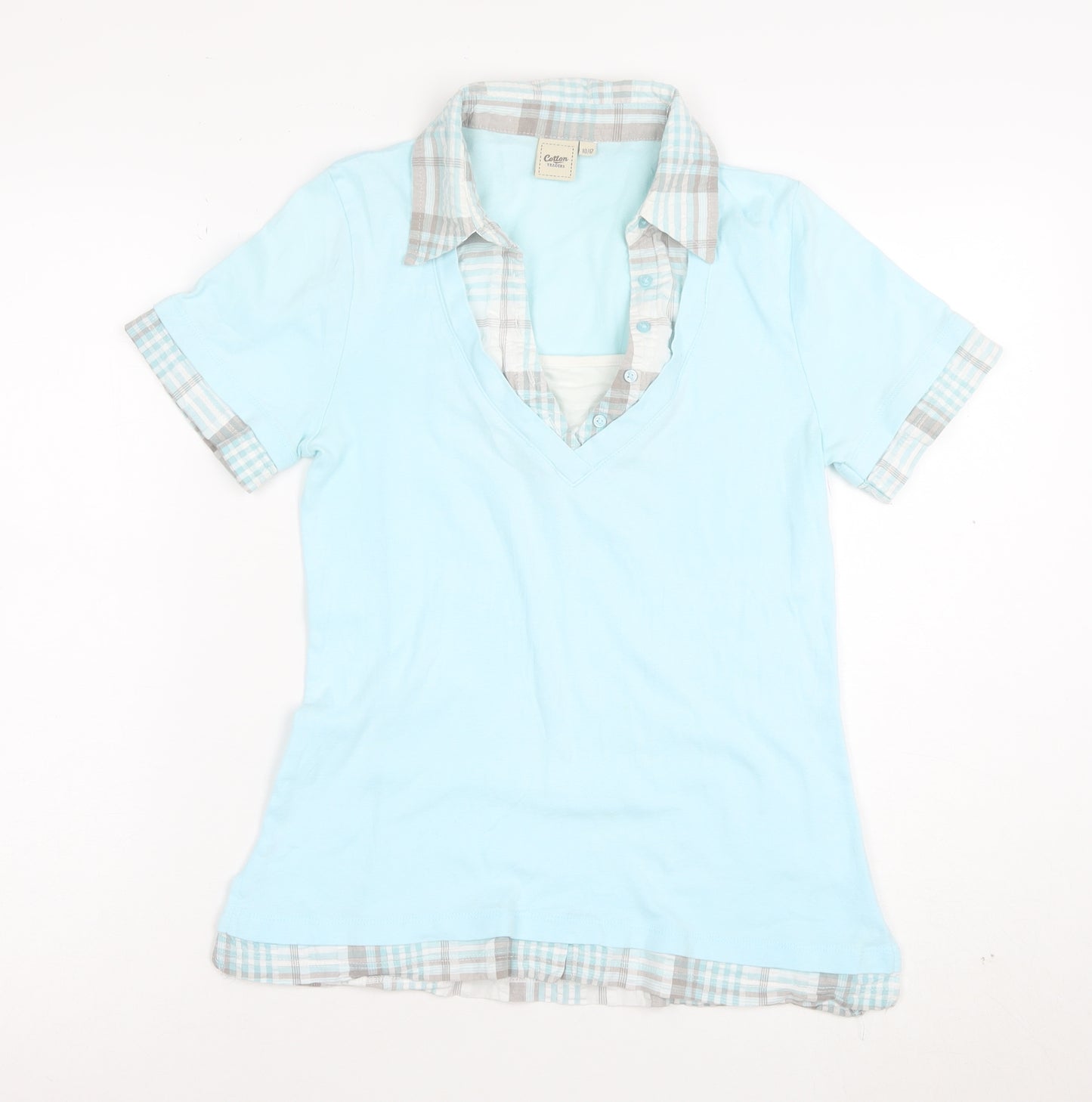 Cotton Traders Womens Blue V-Neck Polo Shirt Size 10 Short Sleeve