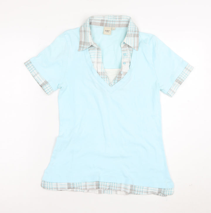 Cotton Traders Womens Blue V-Neck Polo Shirt Size 10 Short Sleeve