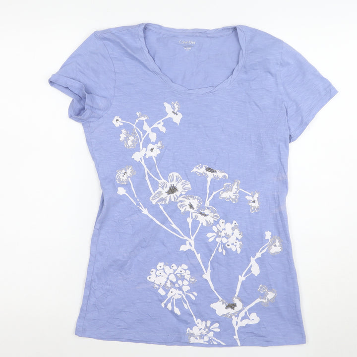 Calvin Klein Women's Blue Floral Beaded Cotton T-Shirt Size M