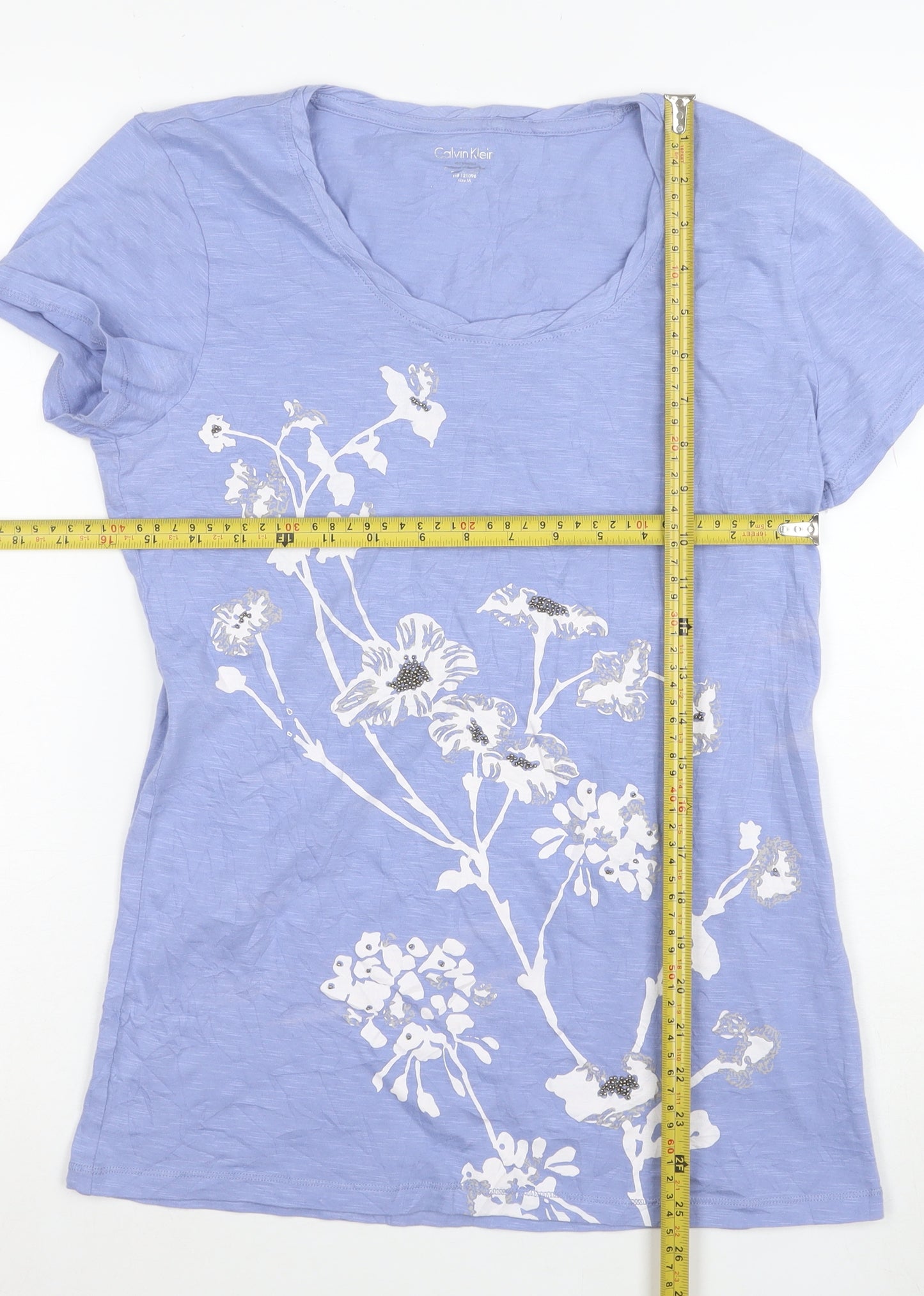 Calvin Klein Women's Blue Floral Beaded Cotton T-Shirt Size M