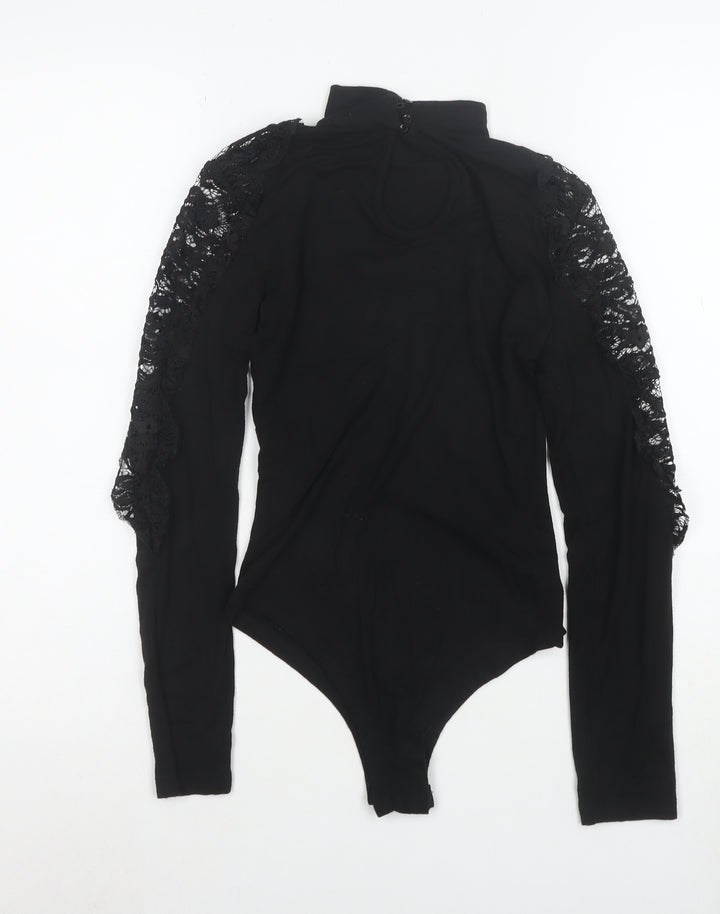 Fashion Union Womens Black Lace Long Sleeve High Neck Bodysuit Size 6