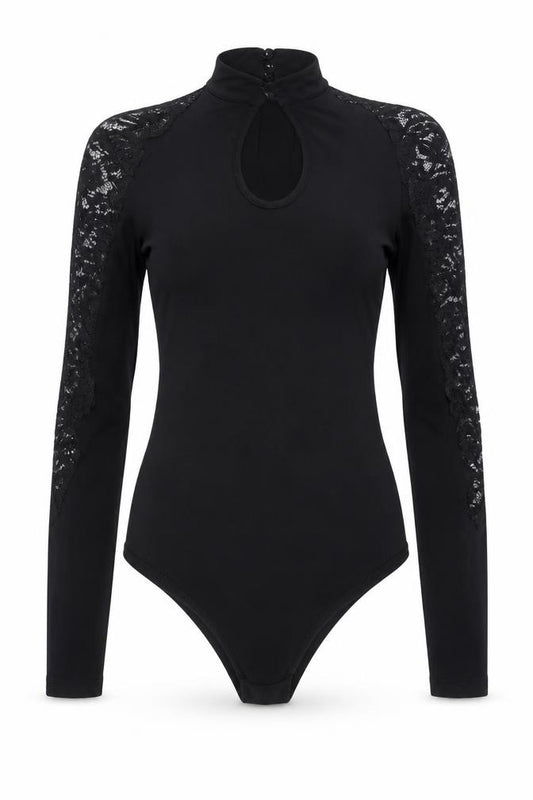 Fashion Union Womens Black Lace Long Sleeve High Neck Bodysuit Size 6
