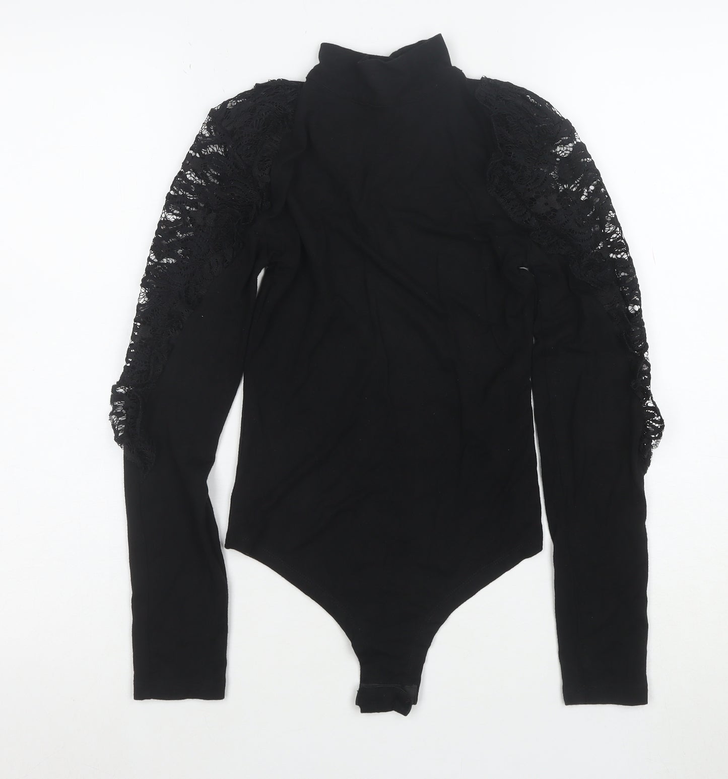 Fashion Union Womens Black Lace Long Sleeve High Neck Bodysuit Size 6