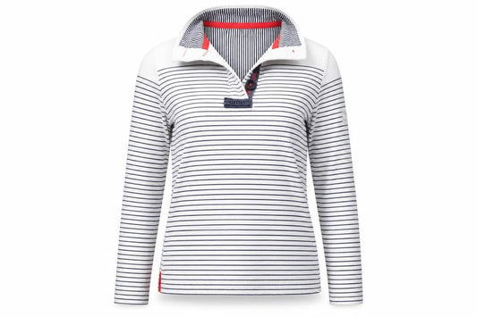 Front view of Joules women’s navy white striped henley sweatshirt, size UK 8, cotton