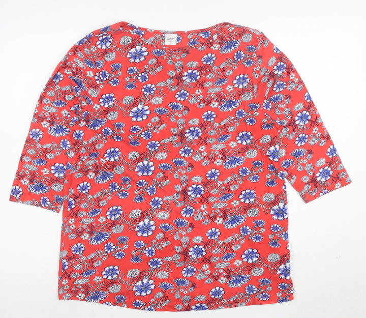Cotton Traders Women Red Floral 3/4 Sleeve Jersey T-Shirt Size 16