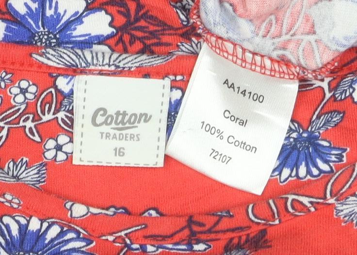 Cotton Traders Women Red Floral 3/4 Sleeve Jersey T-Shirt Size 16