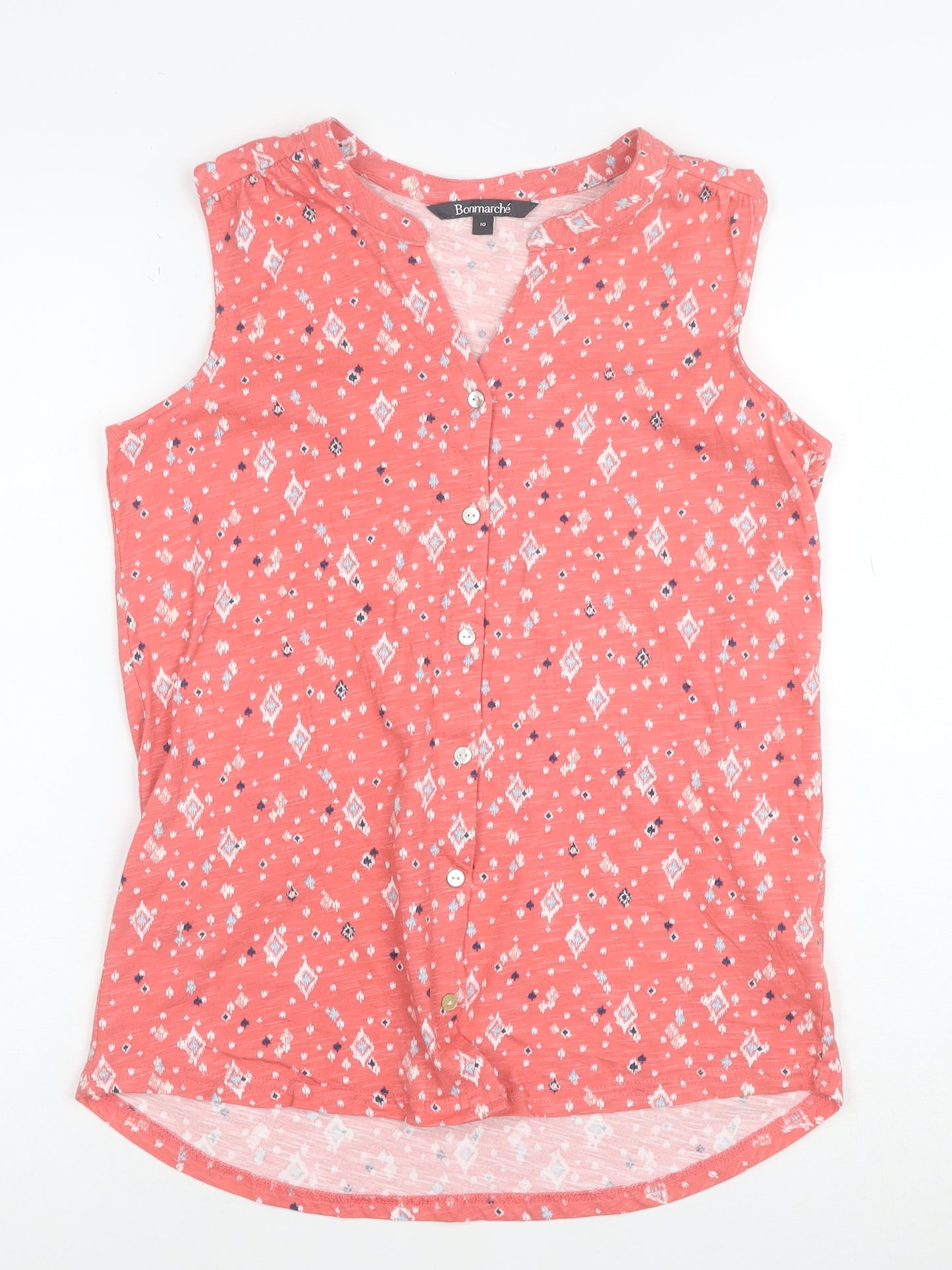 Bonmarché Women's Pink Geometric Sleeveless Cotton Button-Up Top Size 10