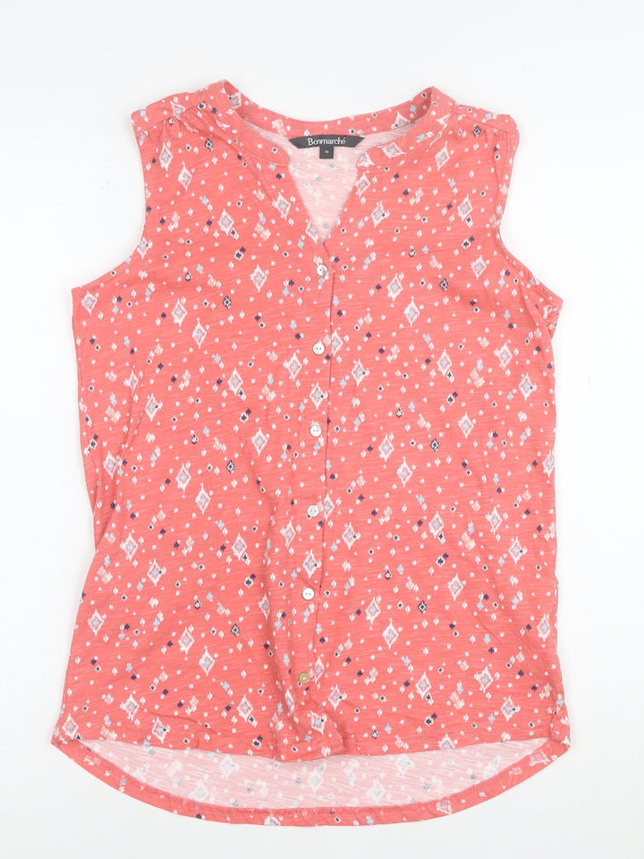Bonmarché Women's Pink Geometric Sleeveless Cotton Button-Up Top Size 10
