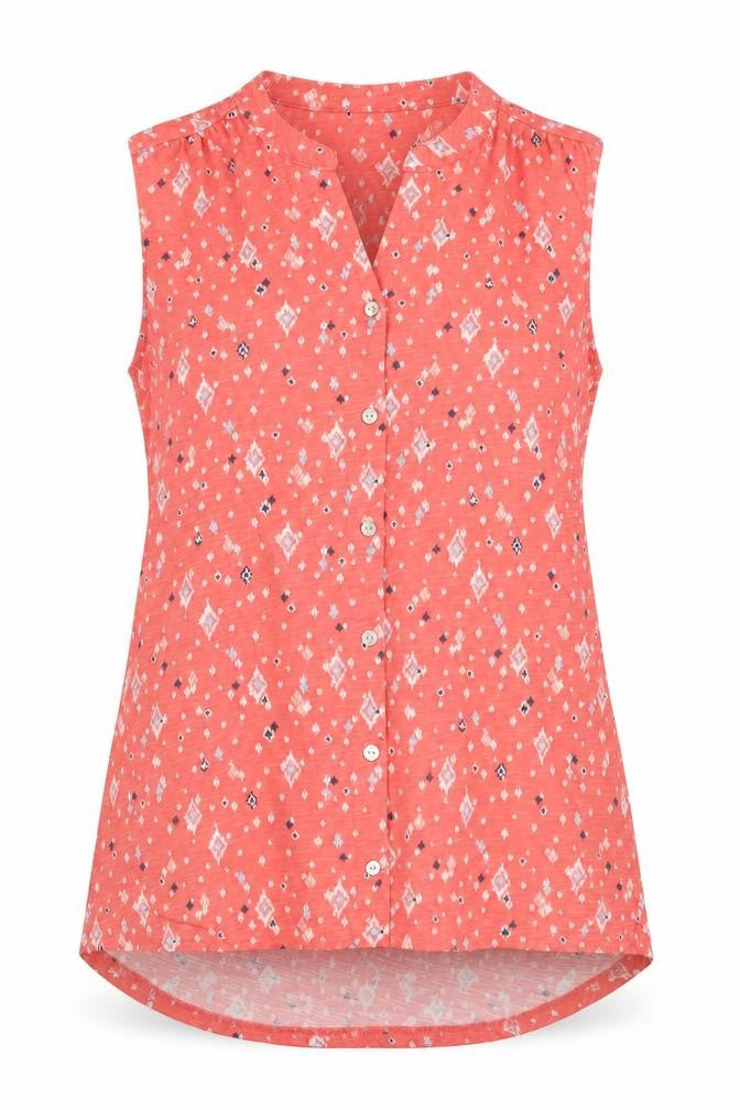Front view of Bonmarché Women's Pink Geometric Sleeveless Cotton Button-Up Top, size 10