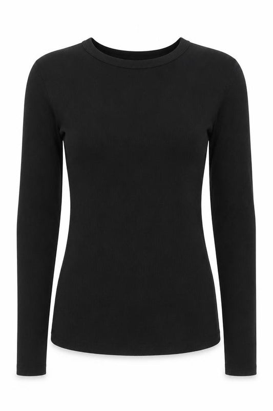 Front view of Mango Women's Black Slim Fit Long Sleeve Basic T-Shirt, size S