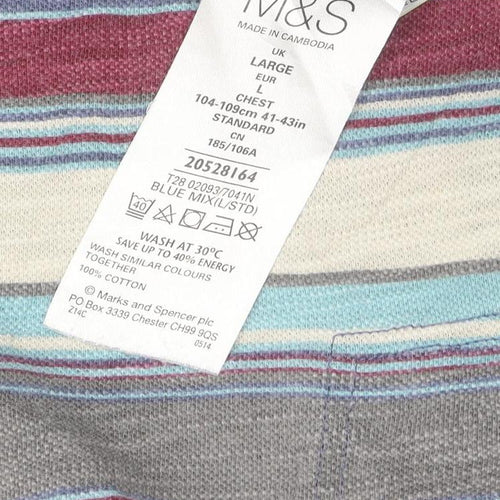 Marks and Spencer Men's Multicoloured Striped Cotton Polo Shirt Size L