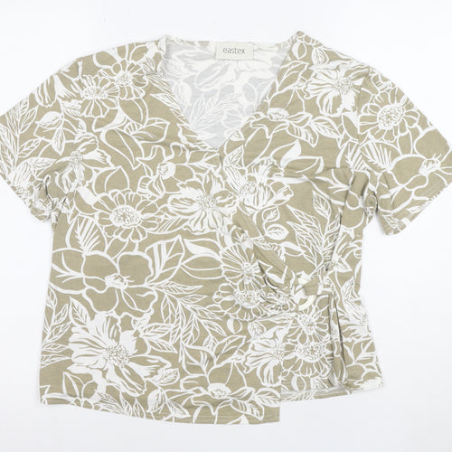 Eastex Women Beige Floral V-Neck Short Sleeve Stretch T-Shirt XL