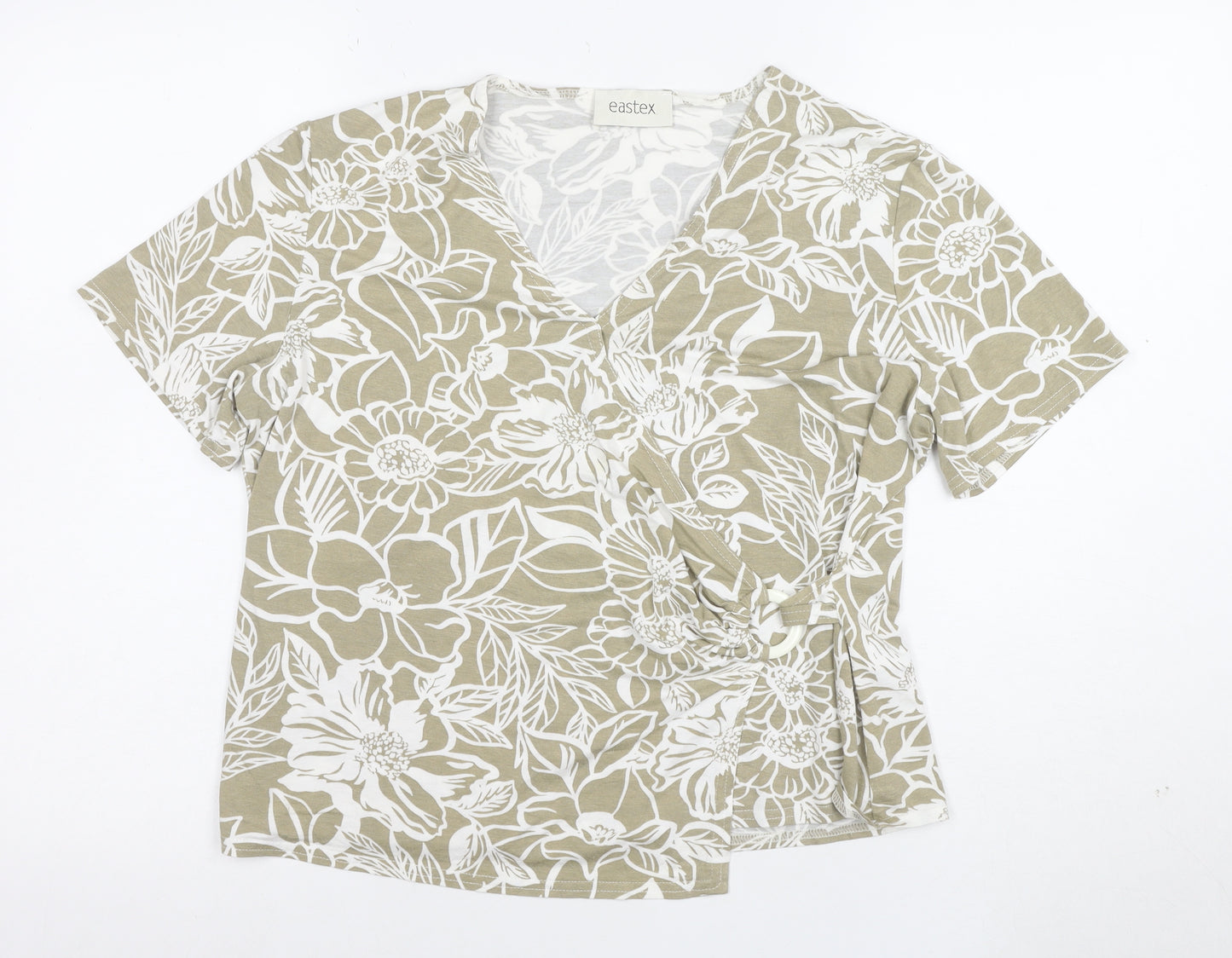 Eastex Women Beige Floral V-Neck Short Sleeve Stretch T-Shirt XL