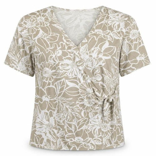 Eastex Women Beige Floral V-Neck Short Sleeve Stretch T-Shirt XL