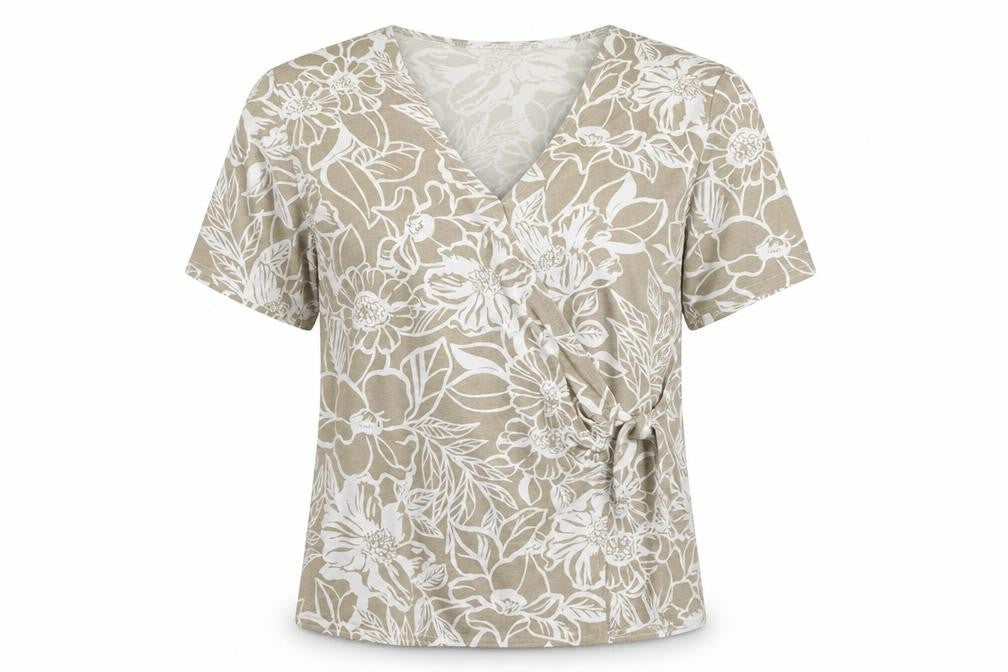 Eastex Women Beige Floral V-Neck Short Sleeve Stretch T-Shirt XL