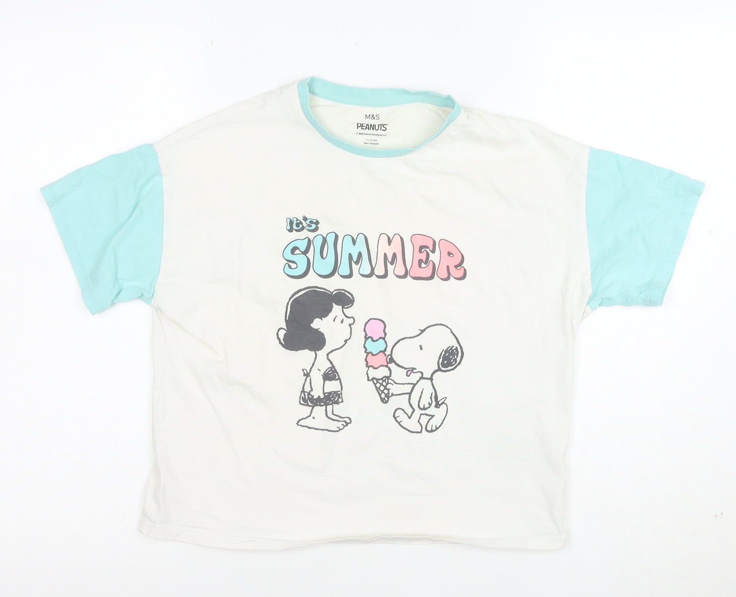 Marks and Spencer Peanuts Girls White Blue 11-12 Years Graphic T-Shirt