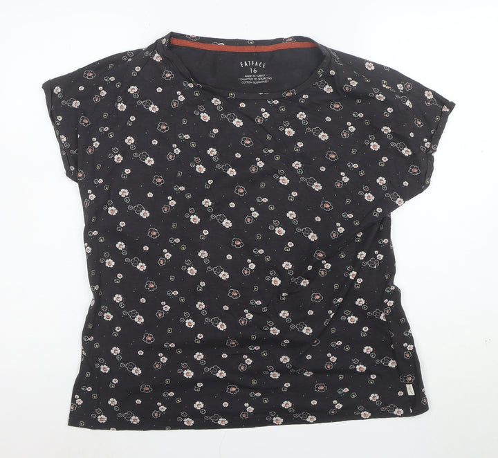 FatFace Womens Black Floral Short Sleeve Cotton T-Shirt Size 16