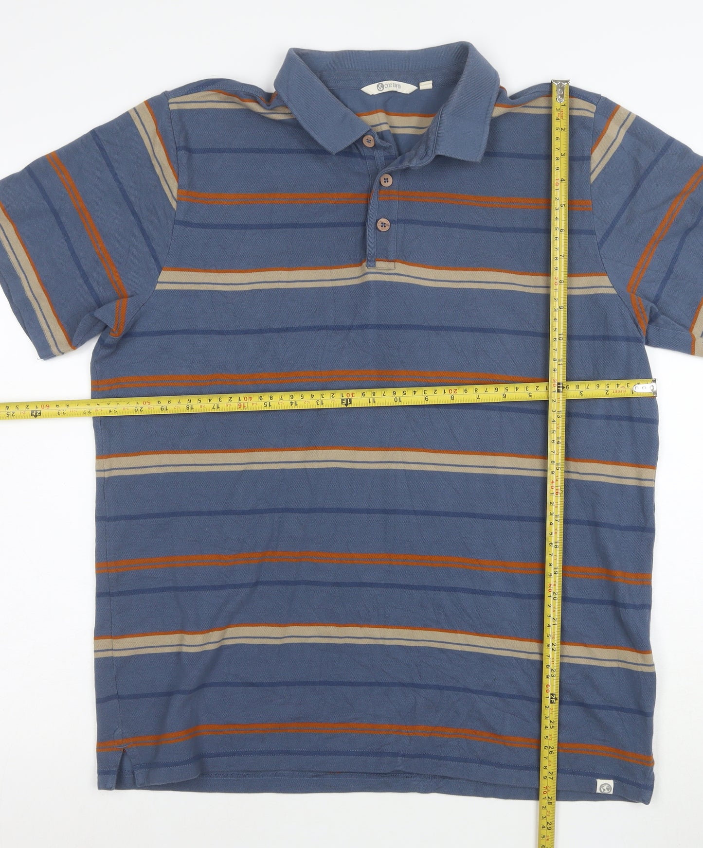 One Earth Men's Blue Striped Cotton Polo Shirt Size L