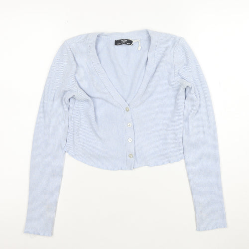 Bershka Women Blue Cropped Ribbed Knit Button-Up Top XS