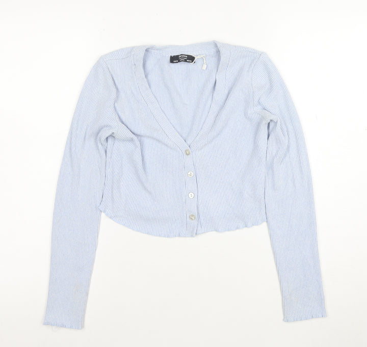 Bershka Women Blue Cropped Ribbed Knit Button-Up Top XS