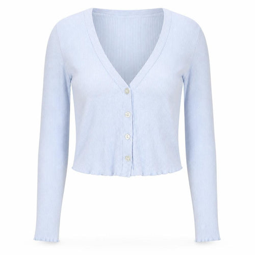 Bershka Women Blue Cropped Ribbed Knit Button-Up Top XS