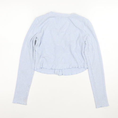 Bershka Women Blue Cropped Ribbed Knit Button-Up Top XS