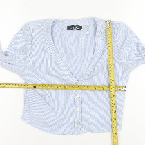 Bershka Women Blue Cropped Ribbed Knit Button-Up Top XS
