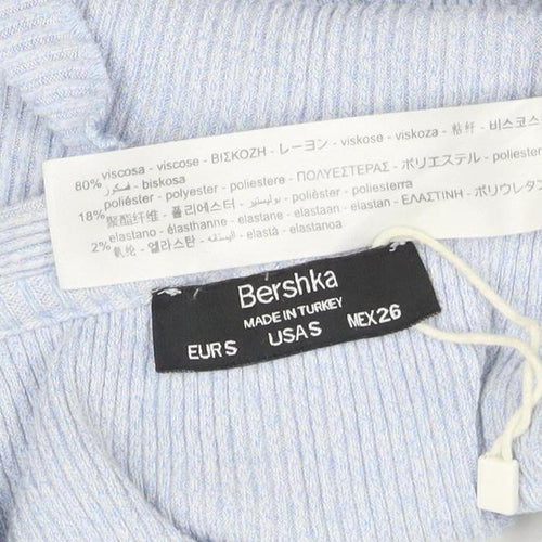 Bershka Women Blue Cropped Ribbed Knit Button-Up Top XS