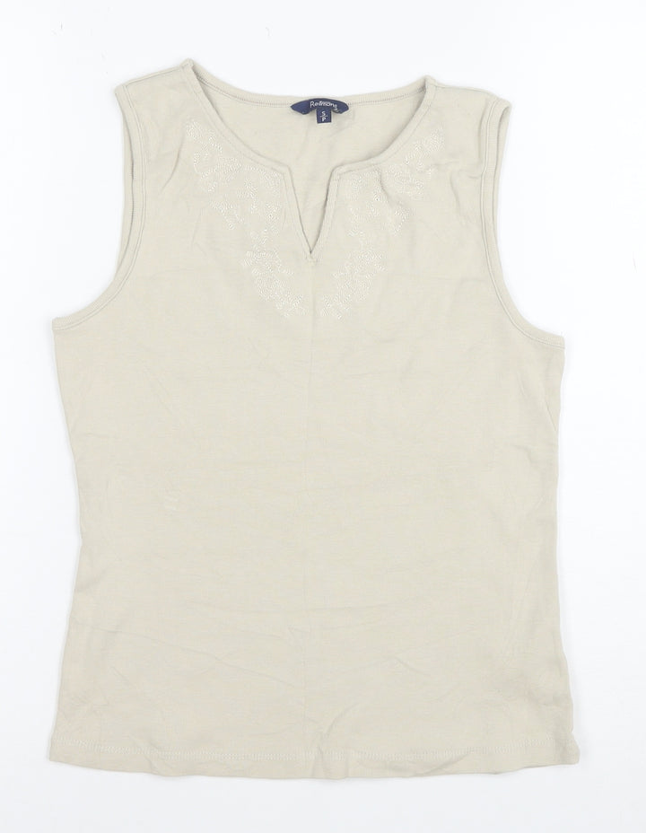 Reitmans Women Beige Sleeveless 100% Cotton Embroidered Tank Top Size S