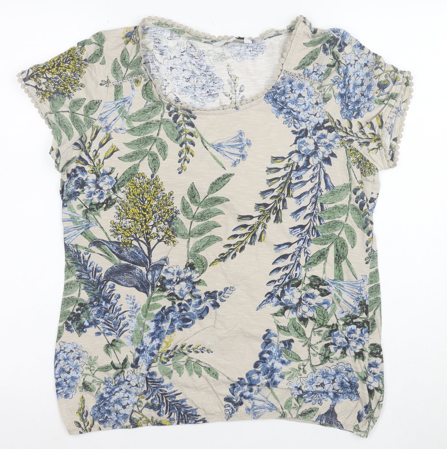 Next Women Beige Floral Cotton Short Sleeve Scoop Neck T-Shirt Size 14