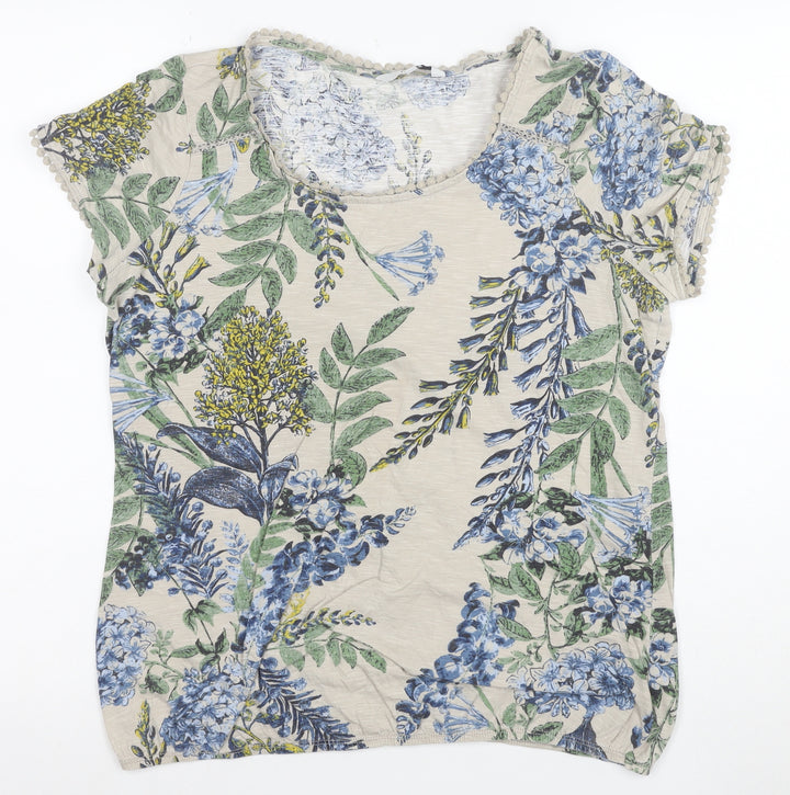 Next Women Beige Floral Cotton Short Sleeve Scoop Neck T-Shirt Size 14