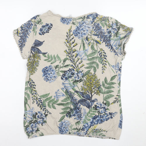 Next Women Beige Floral Cotton Short Sleeve Scoop Neck T-Shirt Size 14