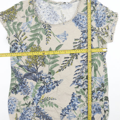 Next Women Beige Floral Cotton Short Sleeve Scoop Neck T-Shirt Size 14