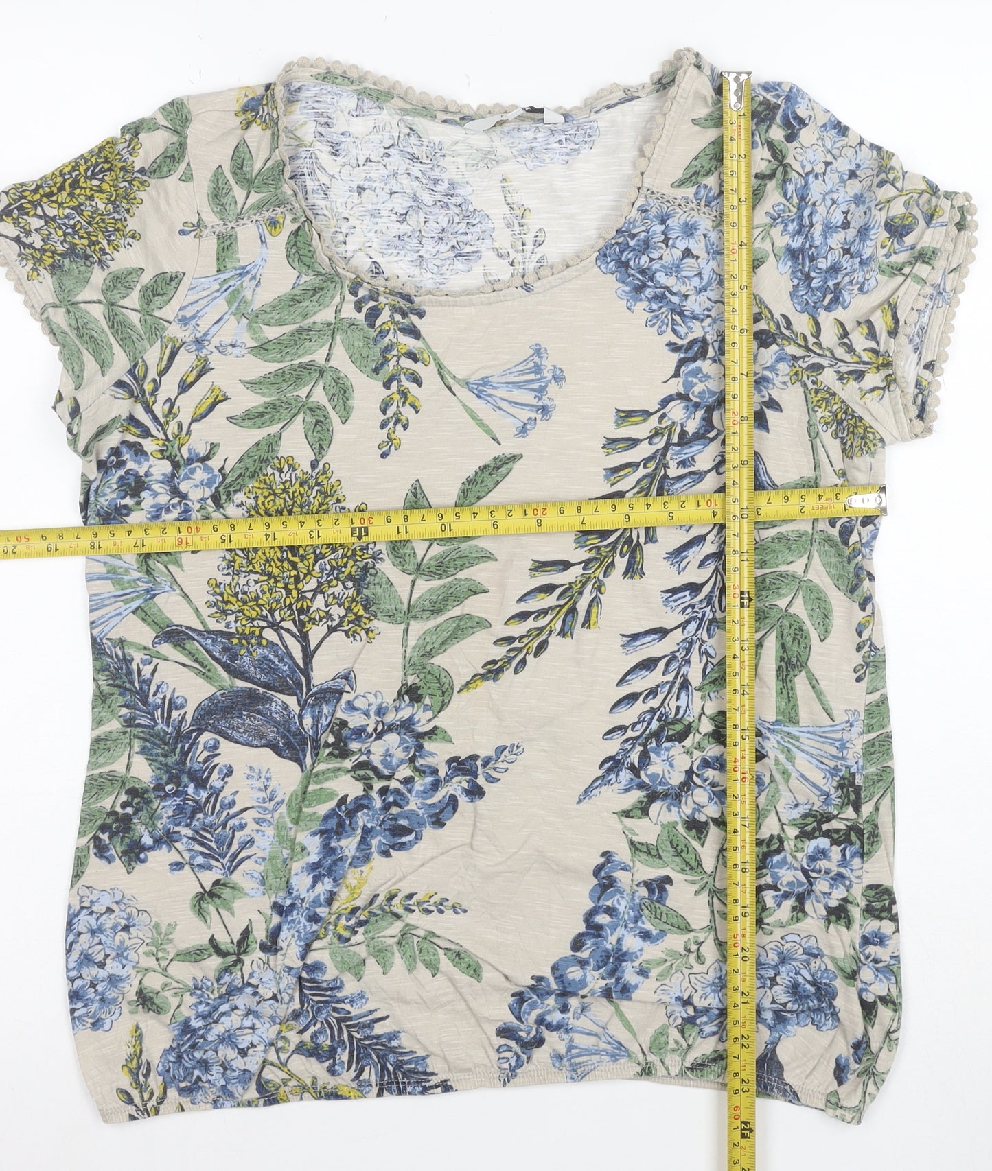 Next Women Beige Floral Cotton Short Sleeve Scoop Neck T-Shirt Size 14