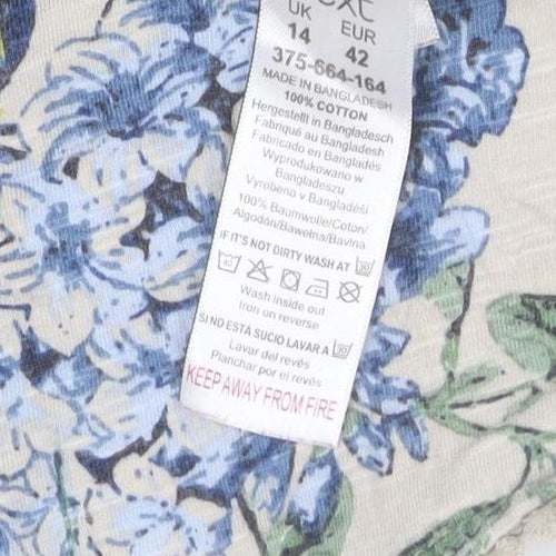 Next Women Beige Floral Cotton Short Sleeve Scoop Neck T-Shirt Size 14
