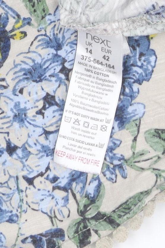 Next Women Beige Floral Cotton Short Sleeve Scoop Neck T-Shirt Size 14