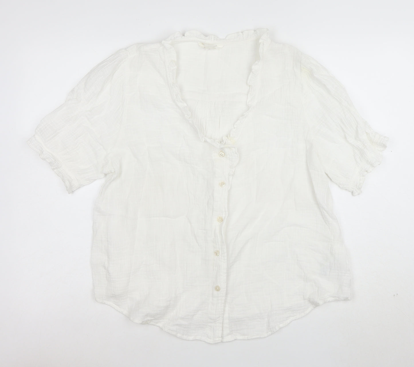 Marks and Spencer Women's Ivory Ruffle V-Neck Cotton Blouse Size 14