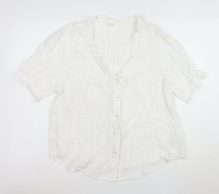 Marks and Spencer Women's Ivory Ruffle V-Neck Cotton Blouse Size 14