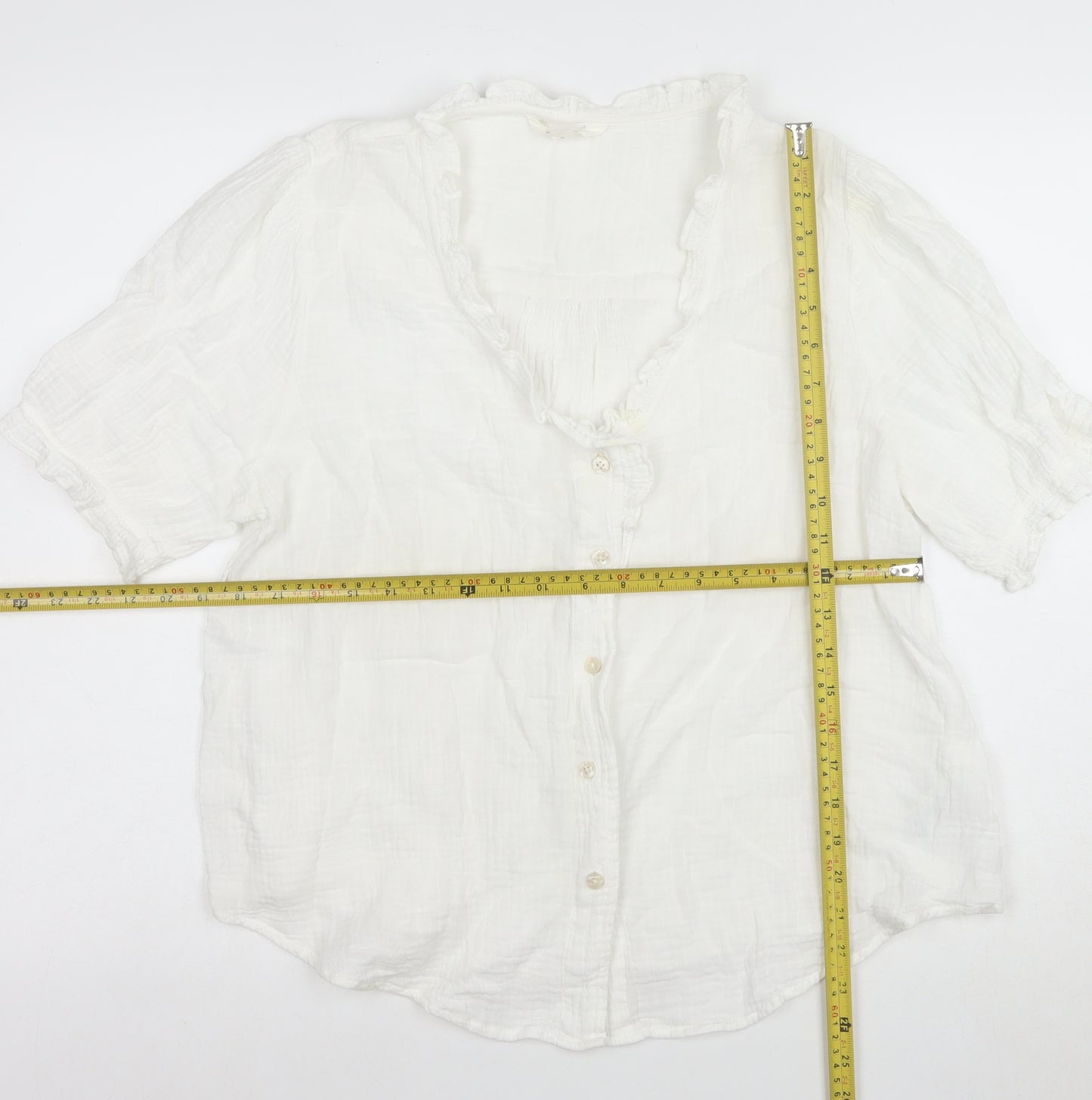 Marks and Spencer Women's Ivory Ruffle V-Neck Cotton Blouse Size 14