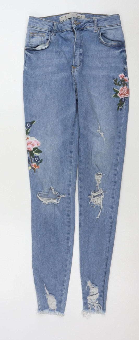 Denim Co. Women's Blue Skinny Distressed Embroidered Jeans Size 10