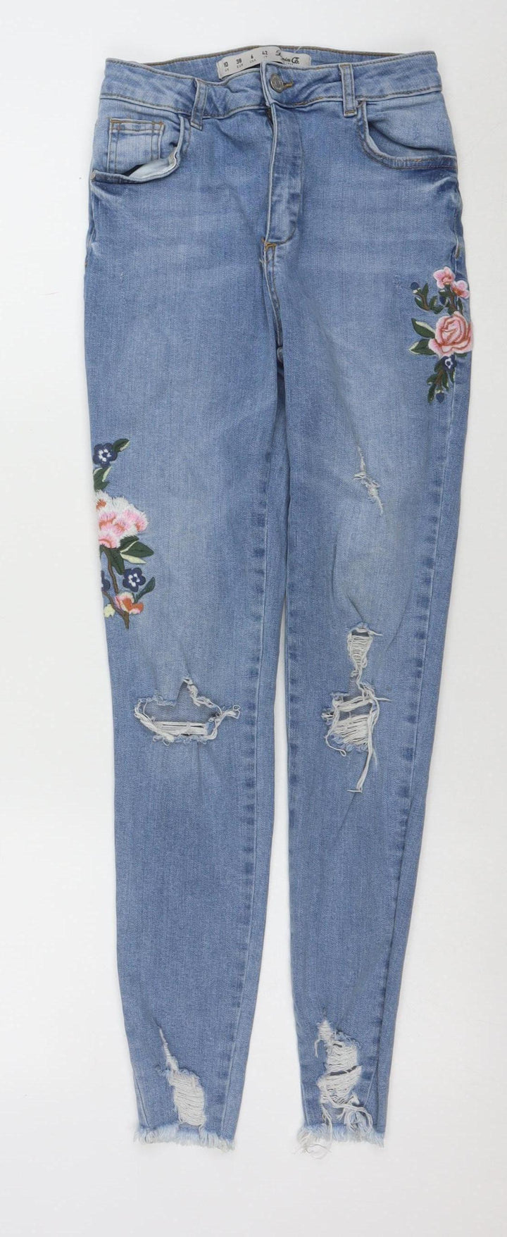 Denim Co. Women's Blue Skinny Distressed Embroidered Jeans Size 10