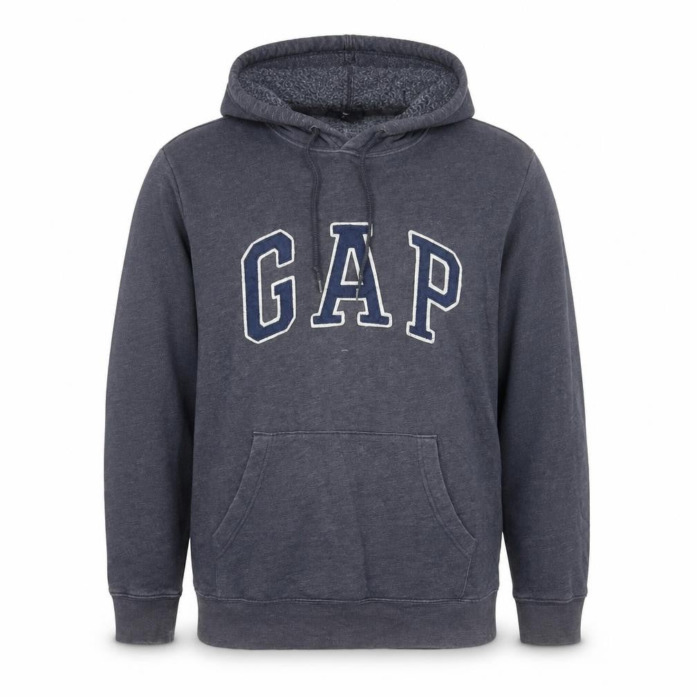 Front view of Gap Men's Grey Pullover Hoodie, size L, Logo Fleece Sweatshirt