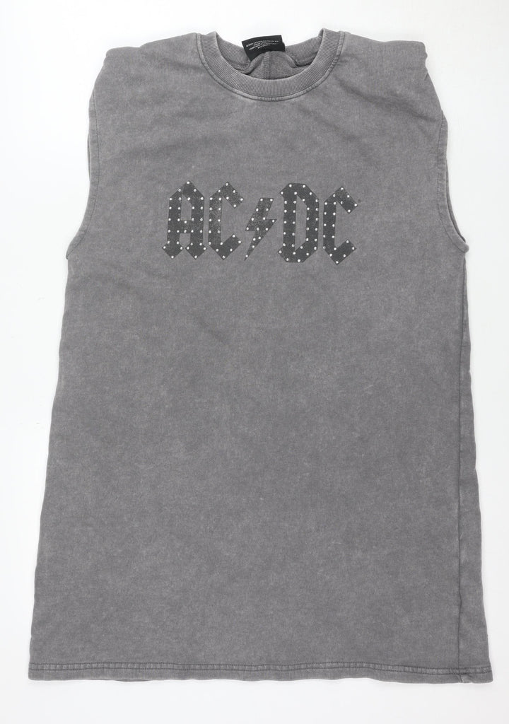 AC/DC Womens Grey Sleeveless T-Shirt Dress S Rock Studded Cotton