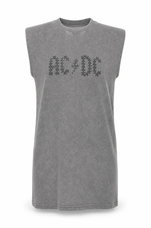 Front view of AC/DC women’s grey sleeveless t-shirt dress s rock studded cotton