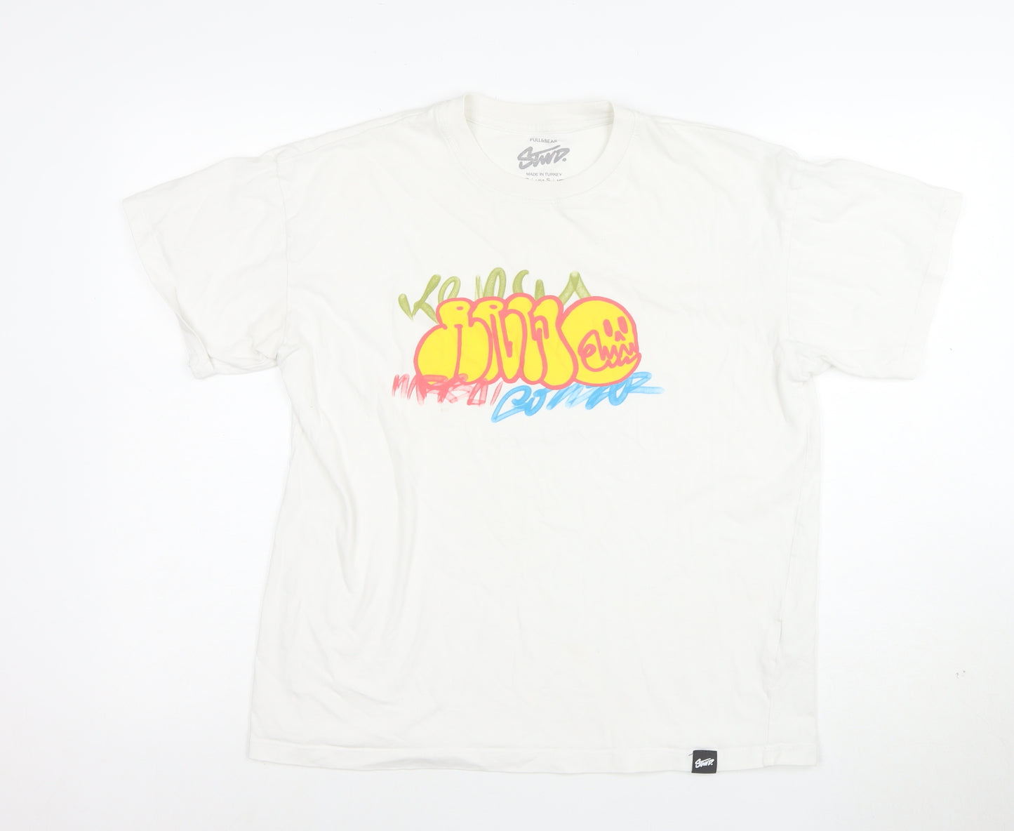Pull&Bear Men's White Graphic Print T-Shirt Size S