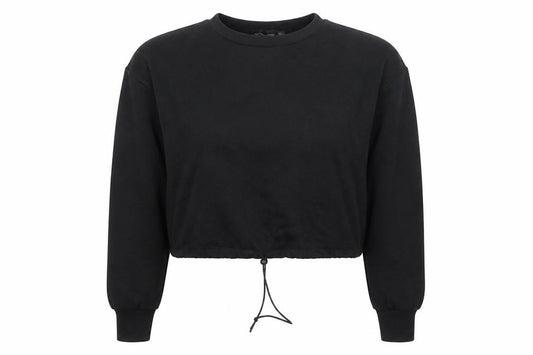 Front view of PRETTYLITTLETHING women’s black, size UK 8, cropped drawstring sweatshirt