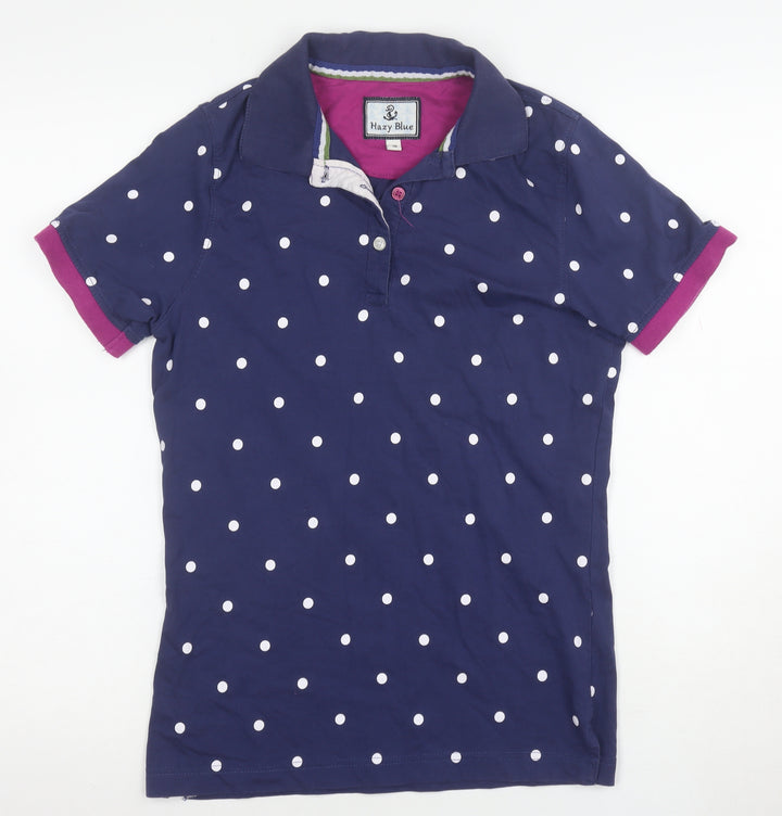 Hazy Blue Women's Navy Polka Dot Cotton Short Sleeve Polo Shirt Size 10