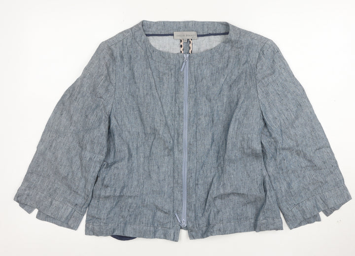 Evelin Brandt Women Blue Linen Suit Jacket Size 10 Short Sleeve