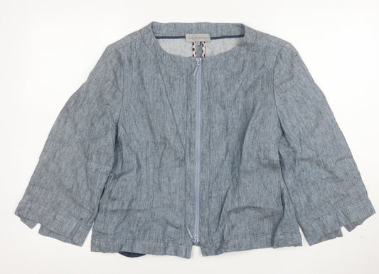Evelin Brandt Women Blue Linen Suit Jacket Size 10 Short Sleeve