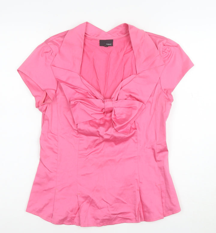 Next Women’s Pink Bow Blouse Size 12 Short Sleeve Cotton